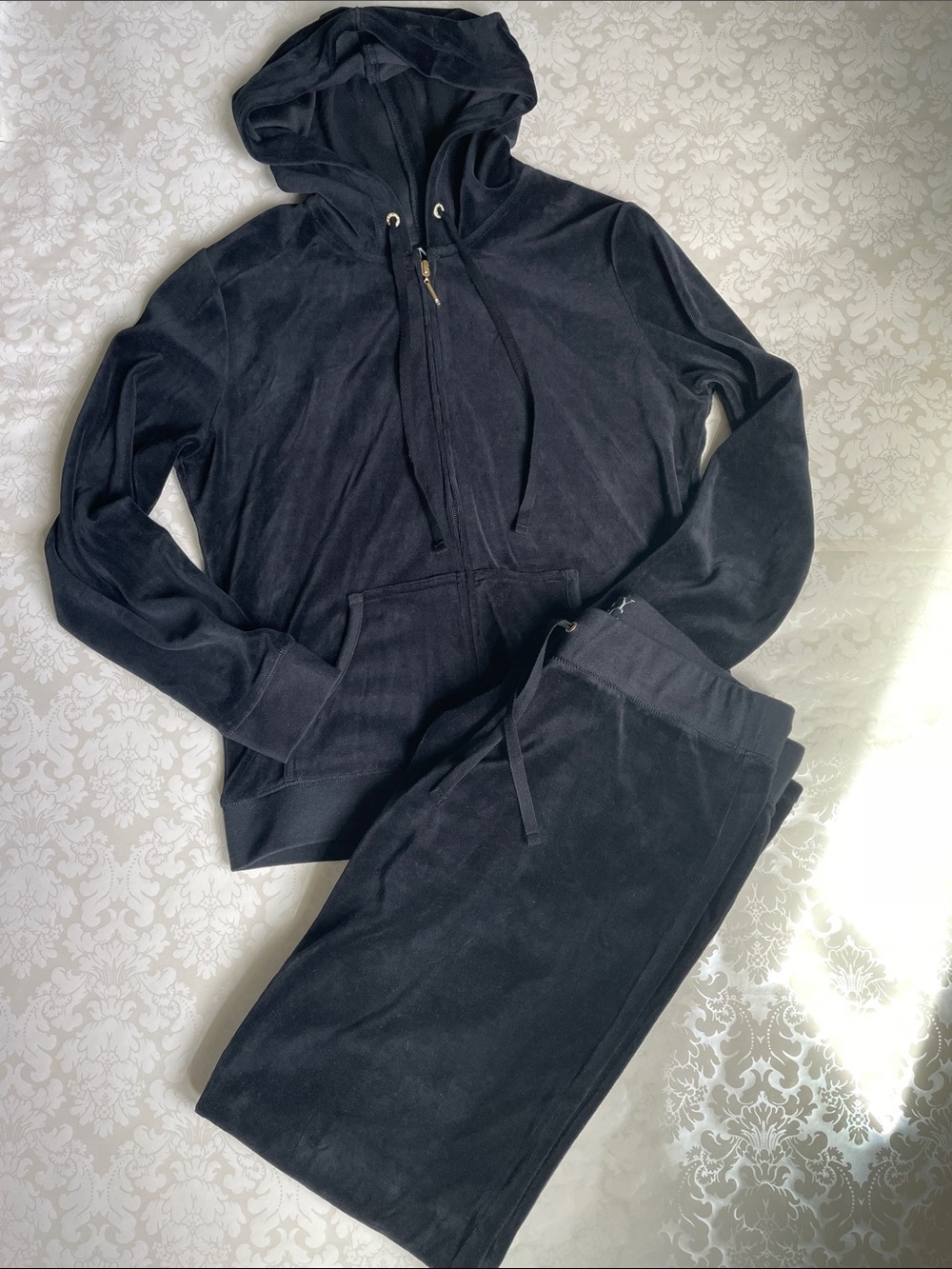 New York & Company Black Velour Track Pants & Hoodie Set